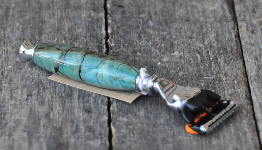 Handcrafted Maple Burl Wood (with blue-green dye) Fusion or Mach III Razor