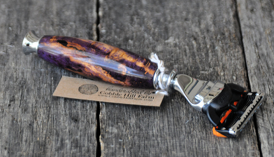 Handcrafted Oak Burl Wood (with purple dye) Fusion or Mach III Razor