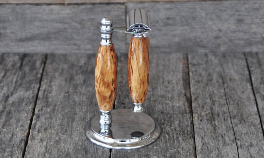 Handcrafted Apple Wood (with worm holes) Fusion or Mach III Razor & Stand