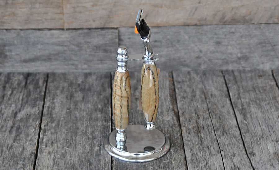 Handcrafted Curly Oak Wood (dyed blue) Fusion or Mach III Razor & Stand